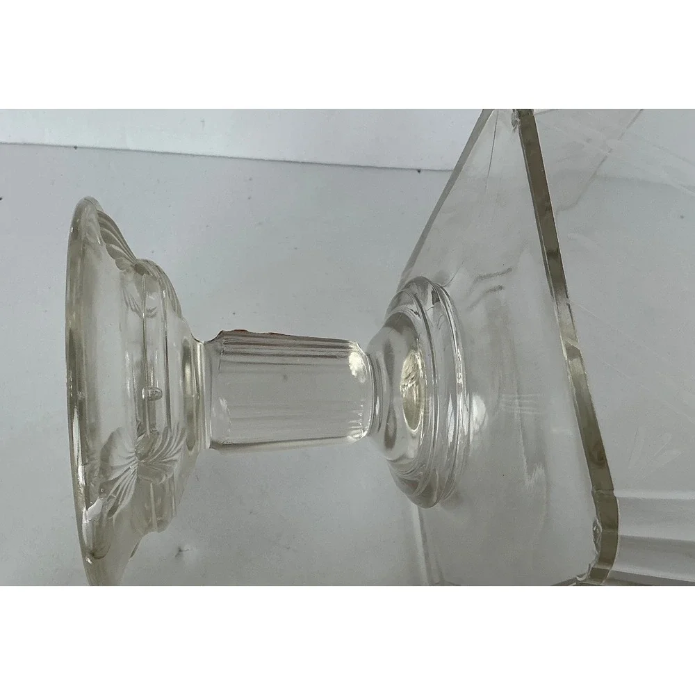 Vintage Glass Pedestal‎ Candy Dish Etched Floral Square Lidded Clear